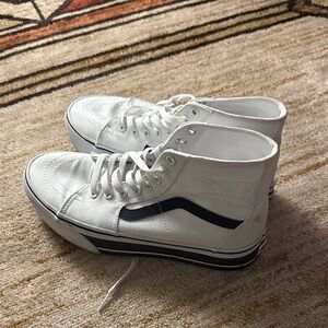 Vans White High-Top Sneakers with Navy Blue Stripe